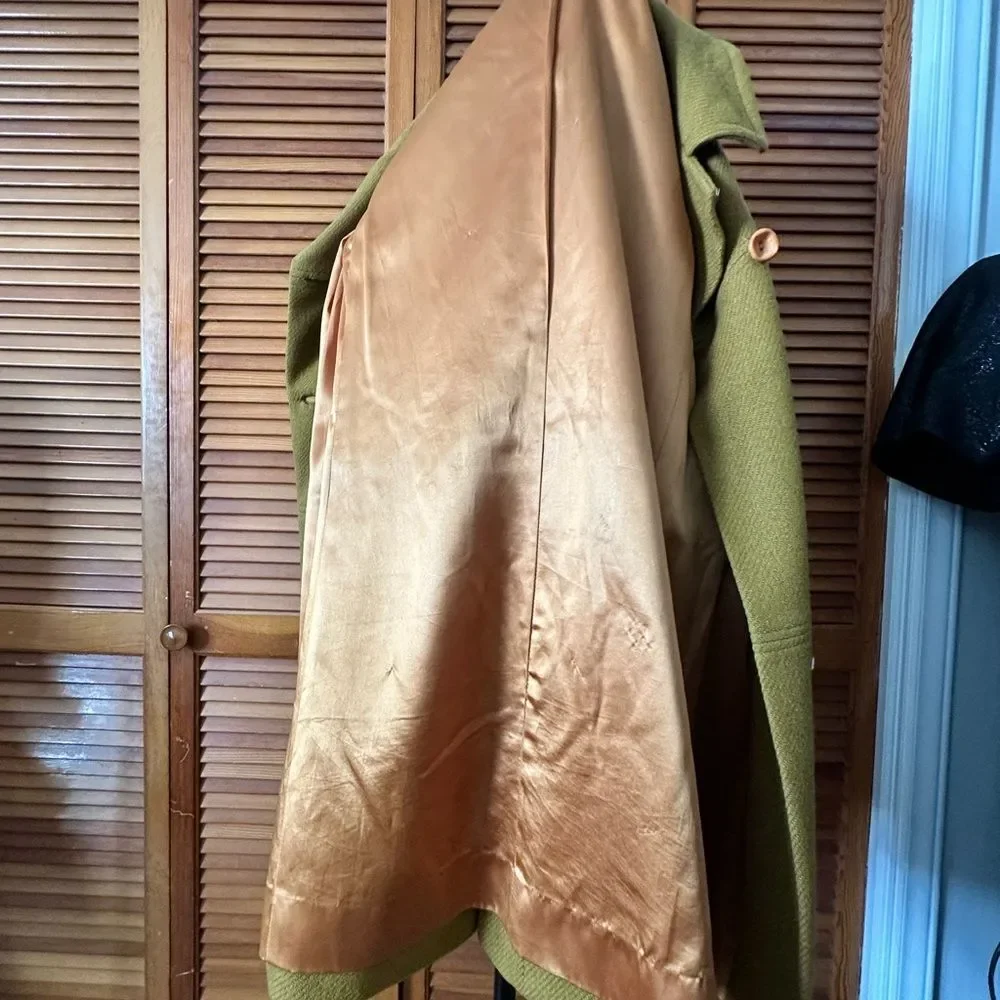 Vintage 1960s Mustard Double-Breasted Trench Coat Satin Lined Wool